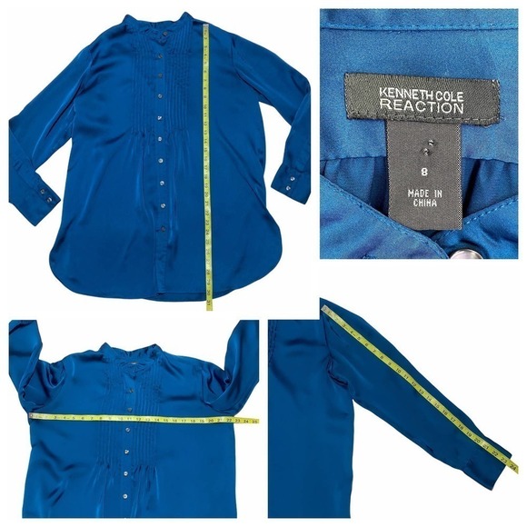 KENNETH Cole REACTION Solid Blue Pleated Yoke Long Sleeve Button Down Blouse - Picture 12 of 12